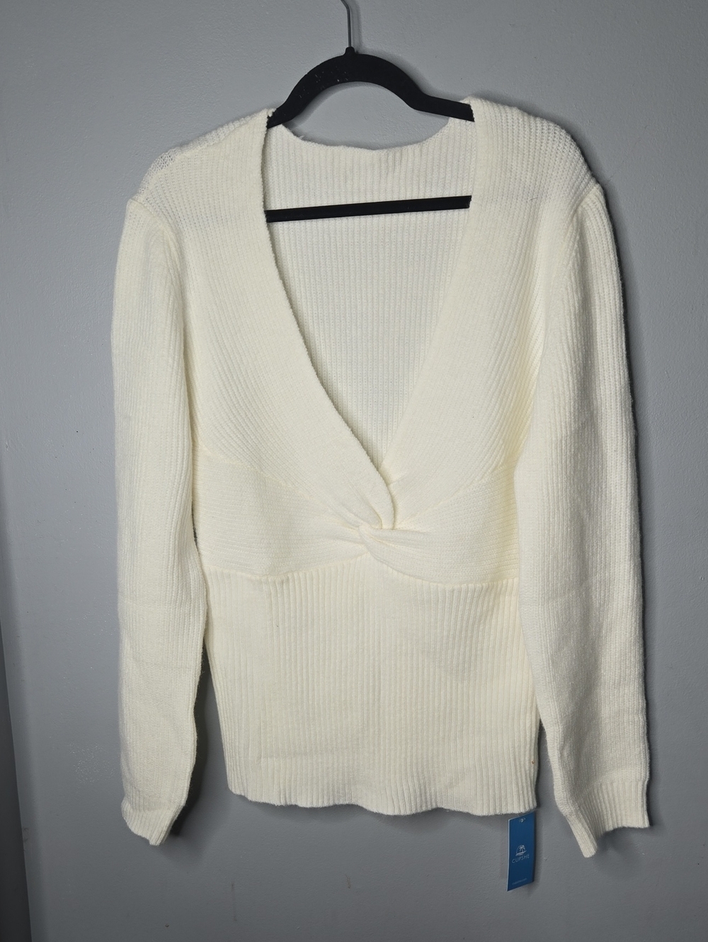 NWT Cupshe Ivory Twist Front Rib Knit Sweater XL Soft Cozy Long Sleeve Pullover